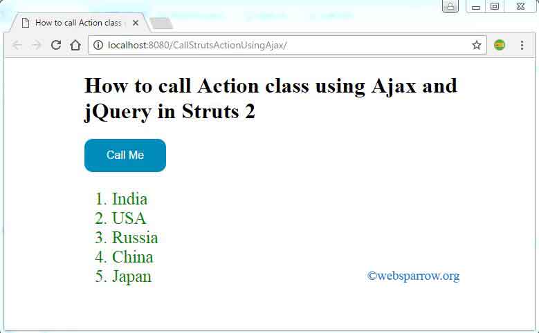 How to call Action class using Ajax in Struts 2