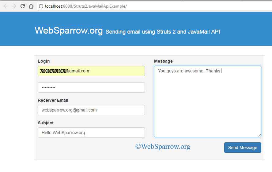 Sending email using Struts 2 and JavaMail API