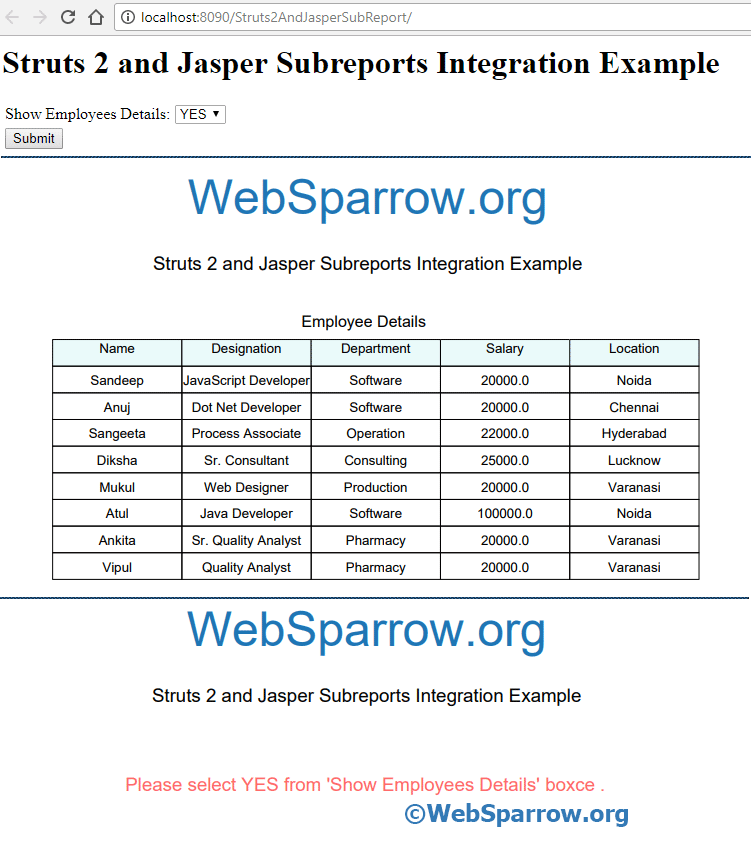 Struts 2 and Jasper Subreports Integration Example