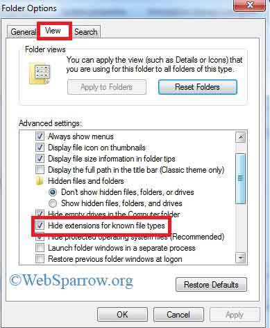 How to show and hide File extension in Windows 7?