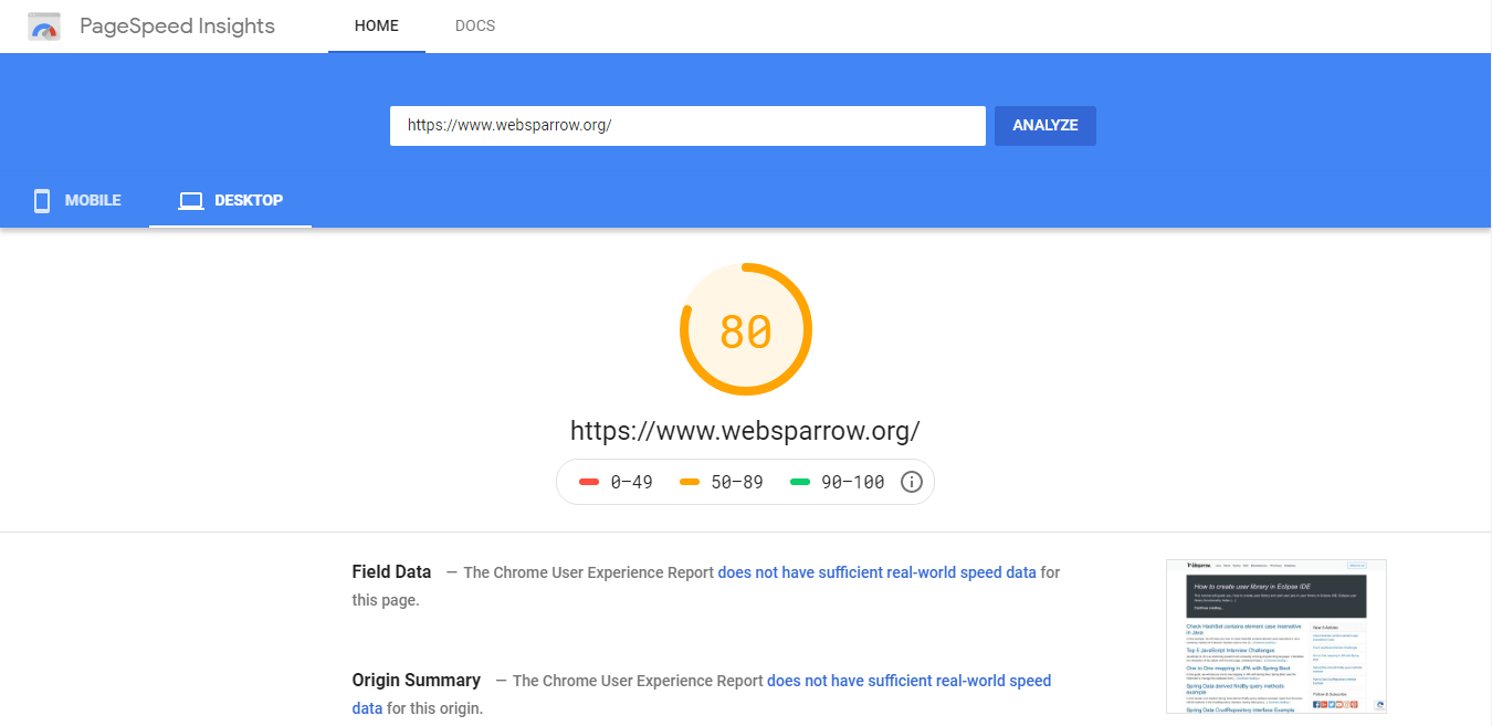 Websparrow.org Google PageSpeed Insights Report