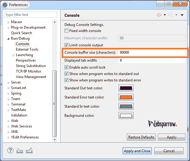 How to increase console buffer size in Eclipse/STS