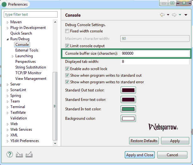 How to increase console buffer size in Eclipse/STS