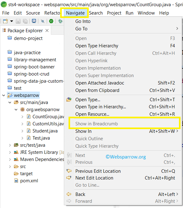 How to enable breadcrumb in Eclipse/STS