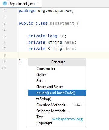 IntelliJ IDEA shortcuts for equals() and hashCode()