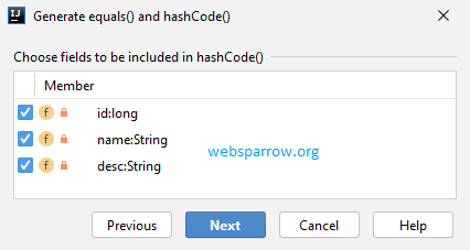 IntelliJ IDEA- choose the fields for hashCode() method