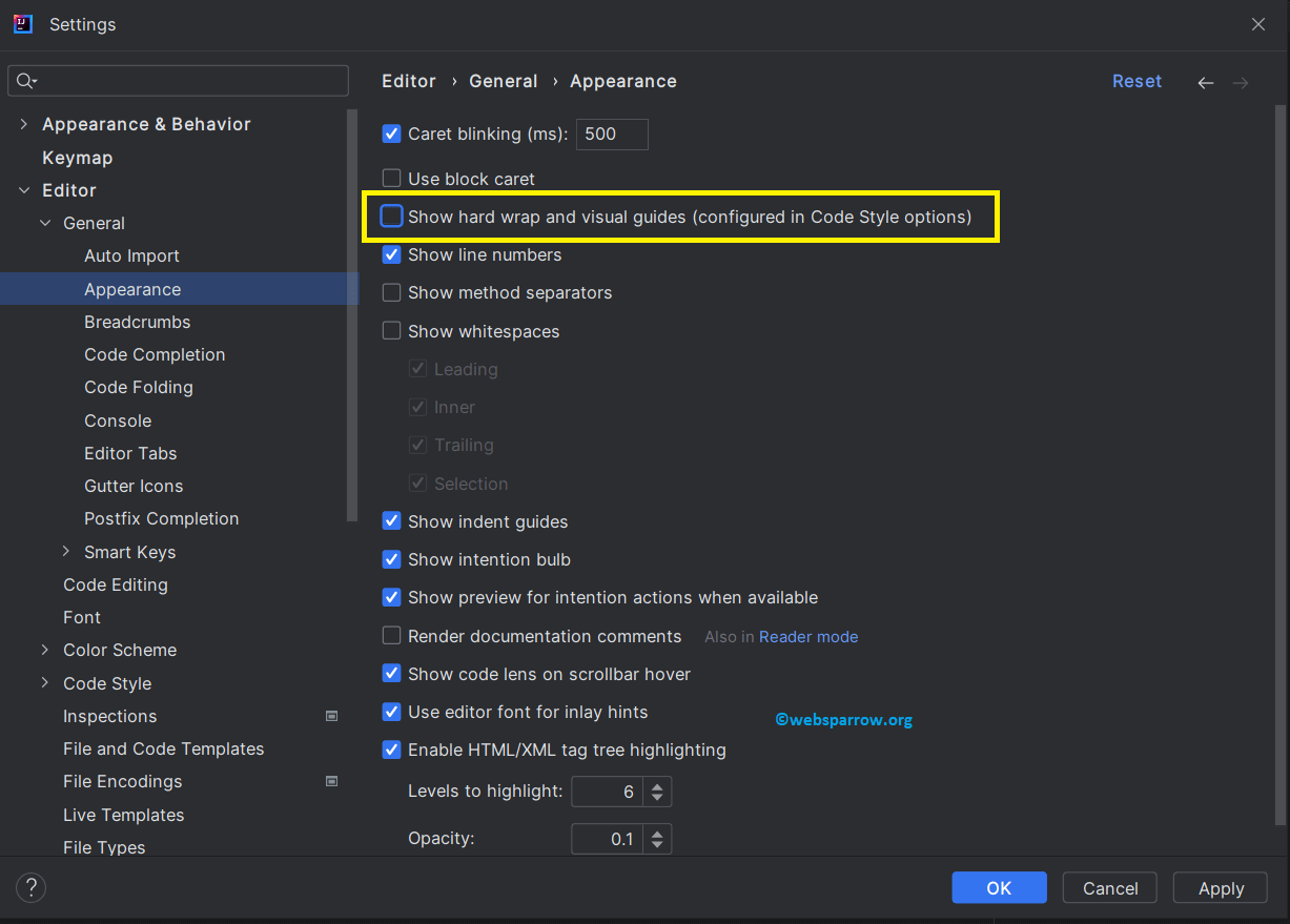 Settings » Editors » General » Appearance » Untick the Show hard wrap and visual guides