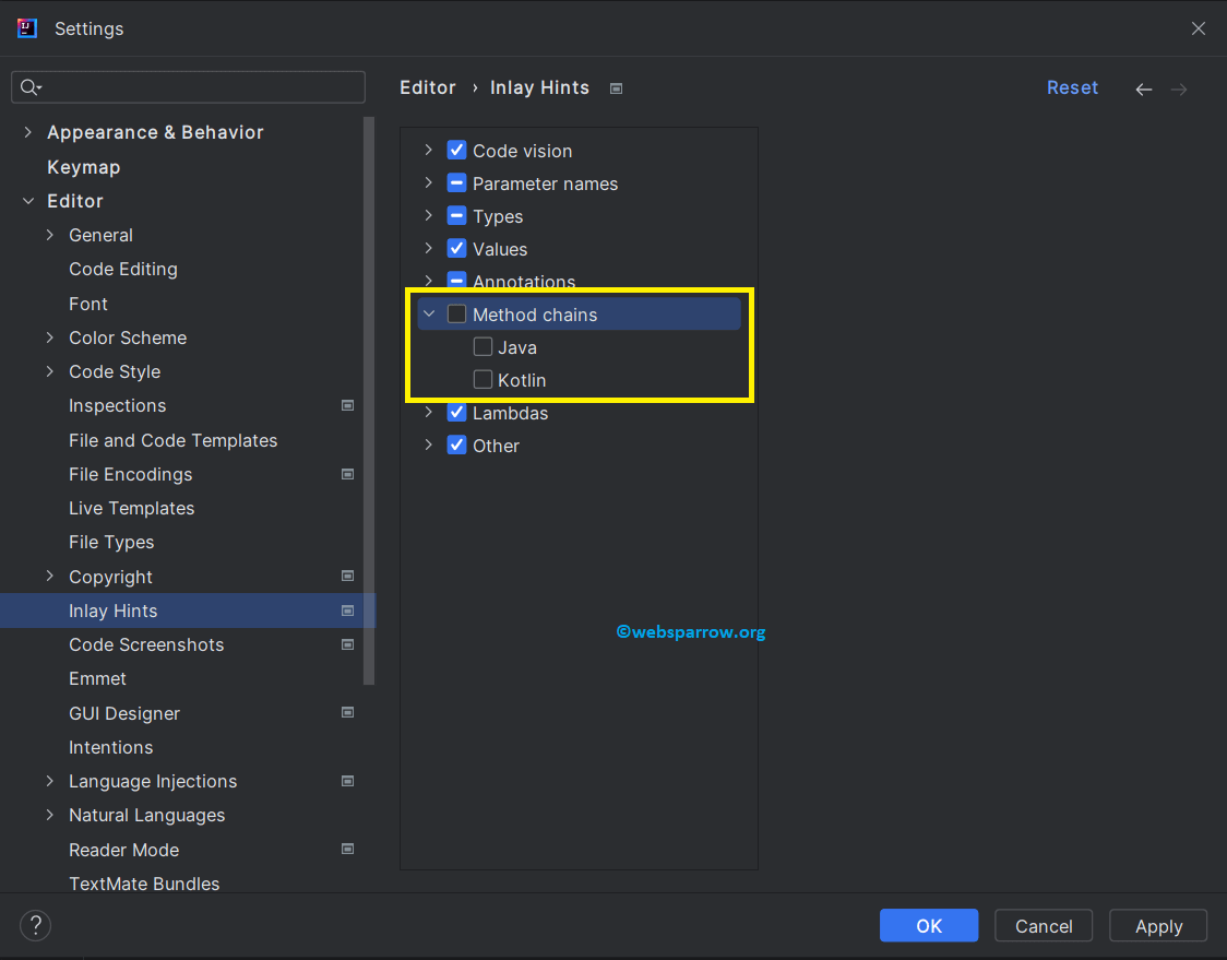 Uncheck the Method Chains IntelliJ IDEA